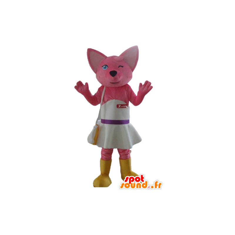 Rosa Katze Maskottchen, Fuchs, mit einem weißen Kleid - MASFR23168 - Katze-Maskottchen