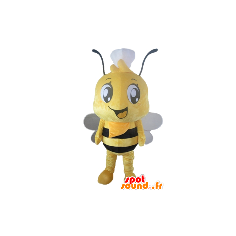 Mascot yellow and black bee with a hat on his head - MASFR23171 - Mascots bee