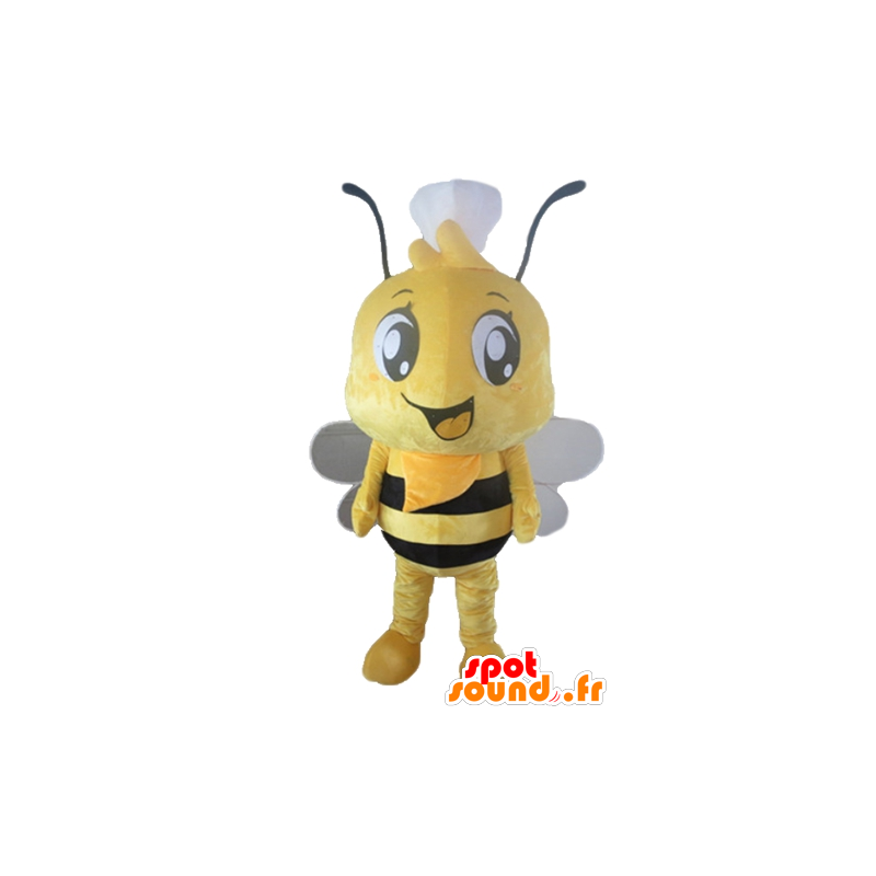 Mascotte d'abeille jaune et noire, avec une toque sur la tête - MASFR23171 - Mascottes Abeille
