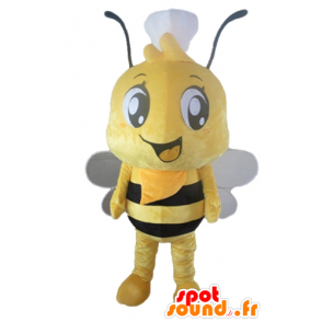 頭にトーク帽をかぶった黄色と黒の蜂のマスコット-MASFR23171-蜂のマスコット