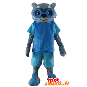 Gray cat mascot in blue outfit, with glasses - MASFR23180 - Cat mascots