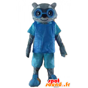 Grå kattmaskot, i blå outfit, med glasögon - Spotsound maskot