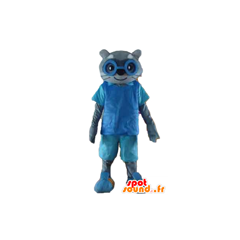 Gray cat mascot in blue outfit, with glasses - MASFR23180 - Cat mascots