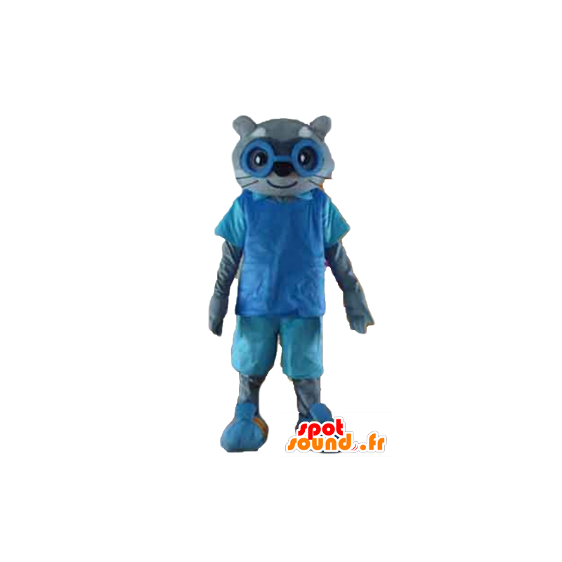 灰色の猫のマスコット、青い服、メガネ付き-MASFR23180-猫のマスコット