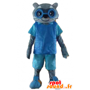 Gray cat mascot in blue outfit, with glasses - MASFR23180 - Cat mascots