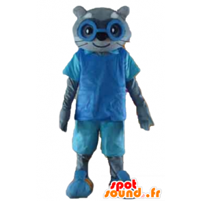 Grå kattmaskot, i blå outfit, med glasögon - Spotsound maskot