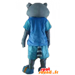 Graue Katze Maskottchen in blauen Outfit, mit Brille - MASFR23180 - Katze-Maskottchen