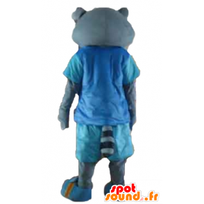 Grå kattemaskot, i blåt tøj, med briller - Spotsound maskot