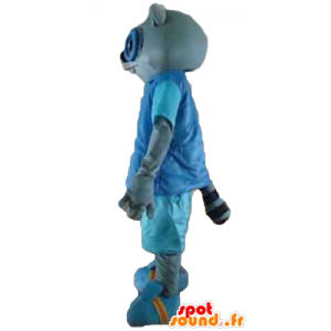 Cinza mascote gato no equipamento azul, com óculos - MASFR23180 - Mascotes gato