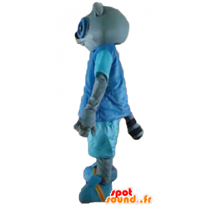 Grijze kat mascotte in blauwe outfit, met een bril - MASFR23180 - Cat Mascottes