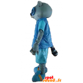 Graue Katze Maskottchen in blauen Outfit, mit Brille - MASFR23180 - Katze-Maskottchen