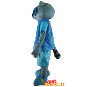 Grijze kat mascotte in blauwe outfit, met een bril - MASFR23180 - Cat Mascottes