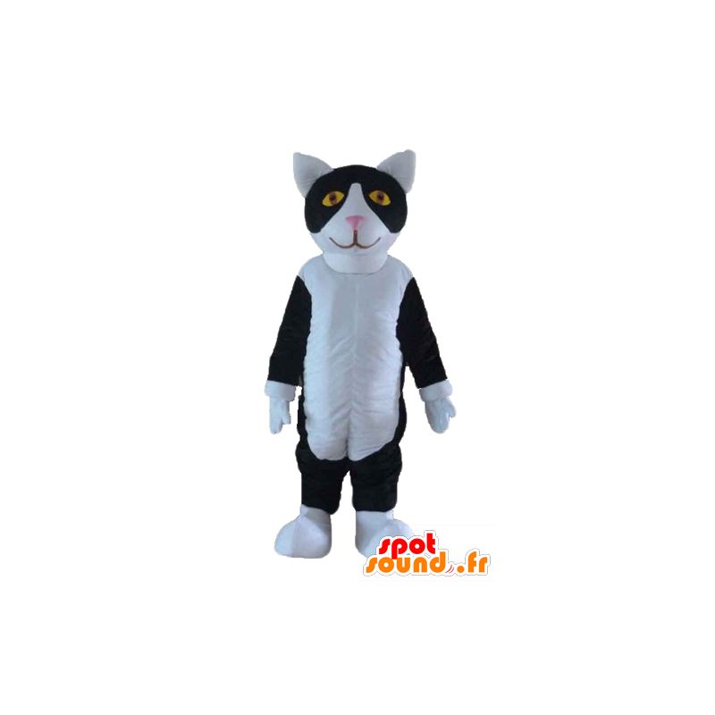 μαύρο και άσπρο μασκότ γάτα με κίτρινα μάτια - MASFR23182 - Γάτα Μασκότ