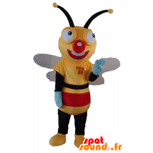 Keltainen bee Mascot, musta ja punainen, hyvin hymyilevä - MASFR23184 - Bee Mascot