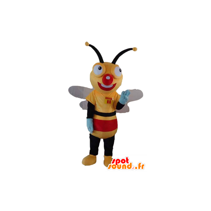 Gul bie Mascot, svart og rødt, veldig smilende - MASFR23184 - Bee Mascot