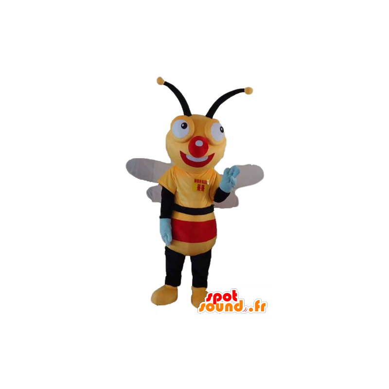 Yellow bee mascot, black and red, very cheerful - MASFR23184 - Mascots bee