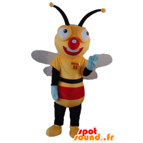 Gul, sort og rød bi-maskot, meget smilende - Spotsound maskot