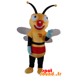 Yellow bee mascot, black and red, very cheerful - MASFR23184 - Mascots bee