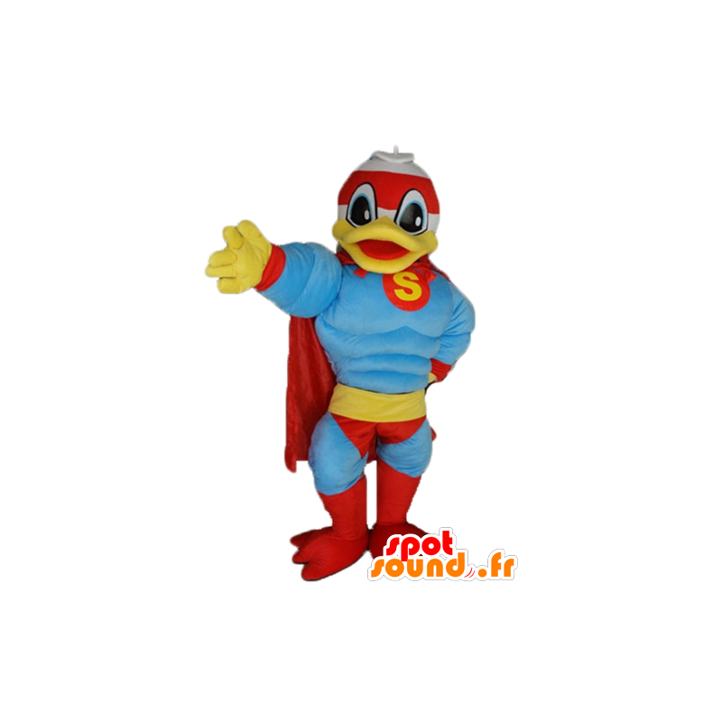 Donald Duck maskot, berömd anka, klädd som en superhjälte -