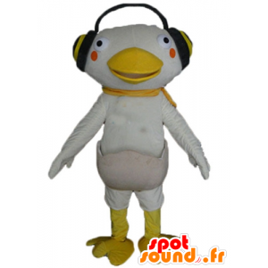 Weiße und gelbe Ente-Maskottchen mit Kopfhörern auf den Ohren - MASFR23210 - Enten-Maskottchen