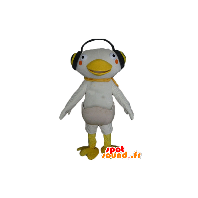 Bianco e giallo anatra mascotte con le cuffie sulle orecchie - MASFR23210 - Mascotte di anatre
