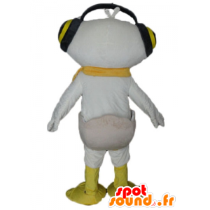 Bianco e giallo anatra mascotte con le cuffie sulle orecchie - MASFR23210 - Mascotte di anatre