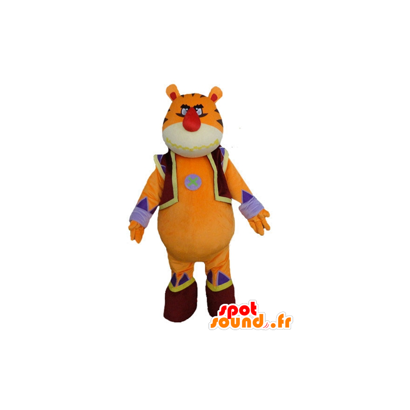 Tigre mascote, laranja, amarelo e azul, gigante e impressionante - MASFR23212 - Tiger Mascotes