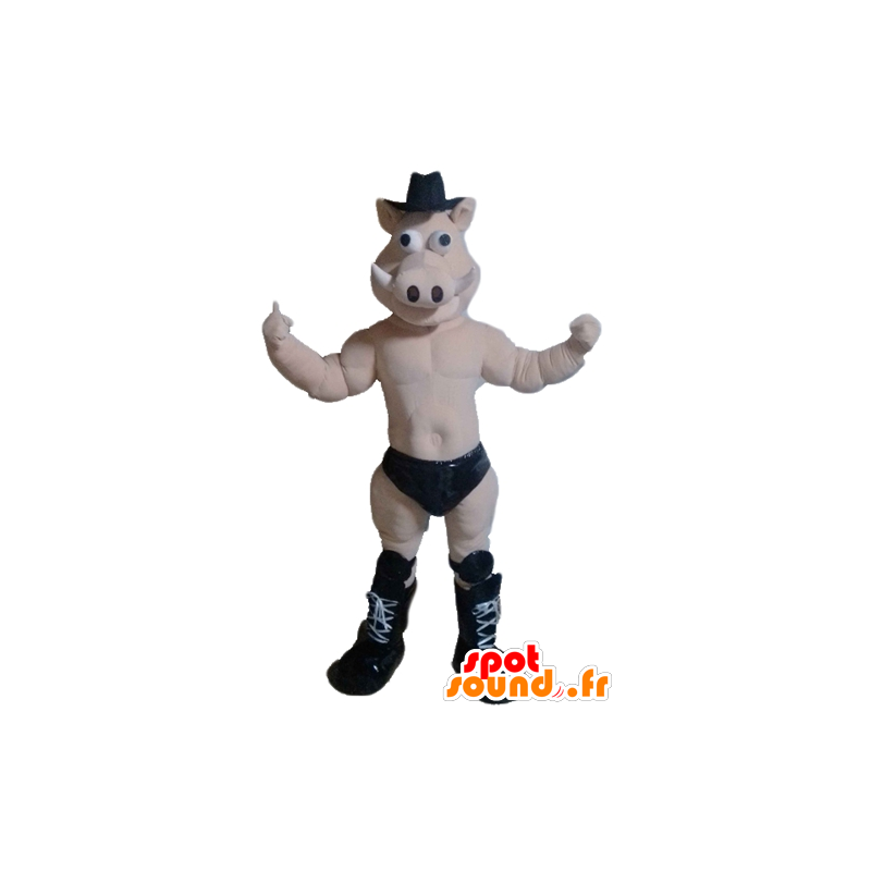 Pig mascot, wild boar, naked, with a black slip - MASFR23217 - Mascots pig