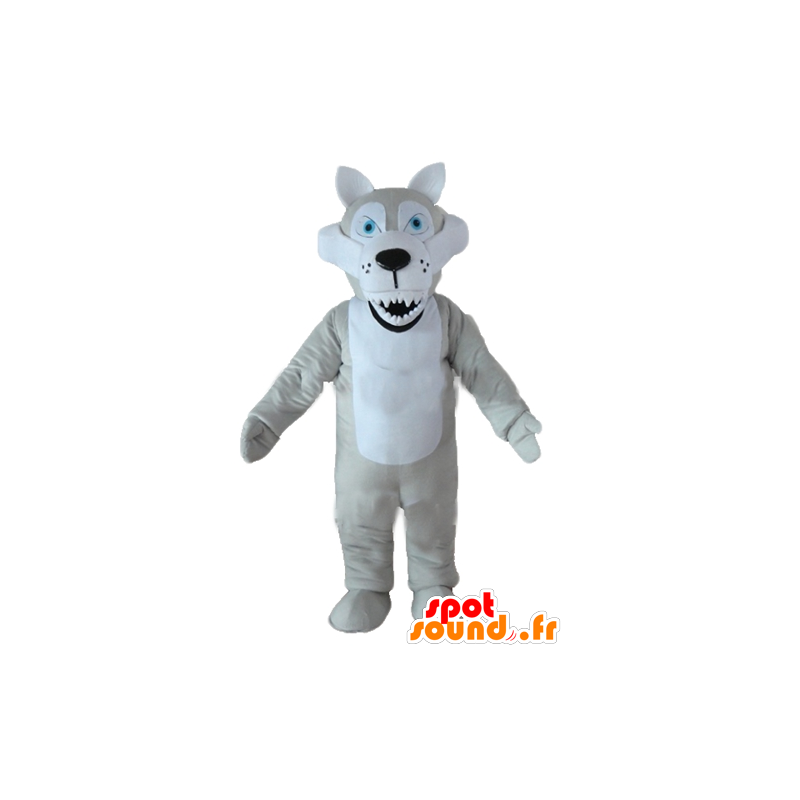 灰色と白のオオカミのマスコット、青い目と厄介な外観-MASFR23220-オオカミのマスコット