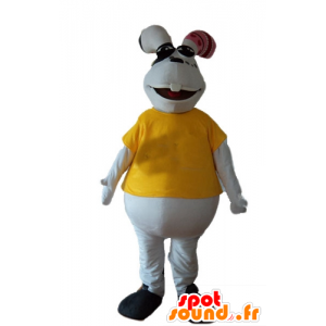 Coniglio mascotte, bianco e grassoccio, con una t-shirt gialla - MASFR23225 - Mascotte coniglio