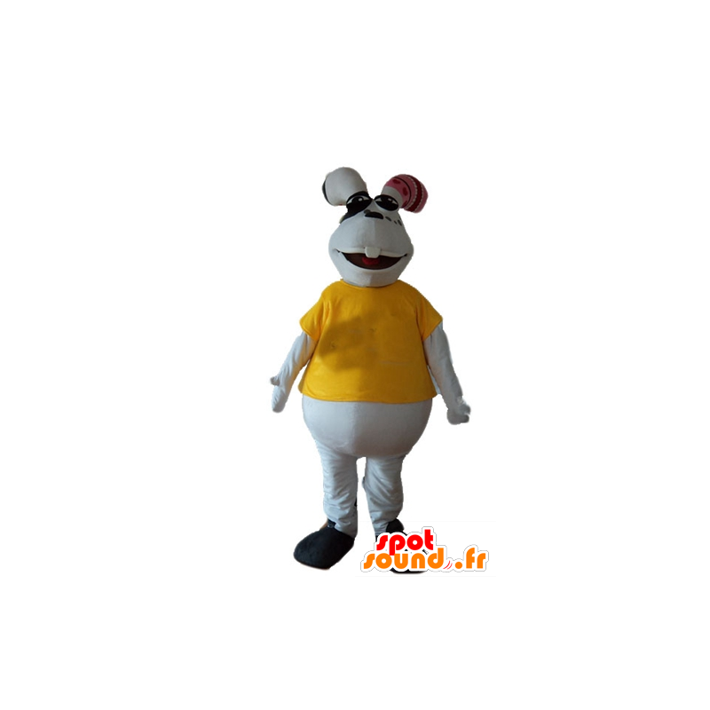 Mascotte de lapin, blanc et dodu, avec un t-shirt jaune - MASFR23225 - Mascotte de lapins