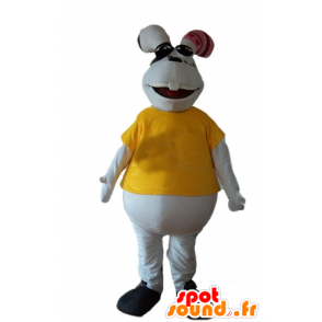 Coniglio mascotte, bianco e grassoccio, con una t-shirt gialla - MASFR23225 - Mascotte coniglio