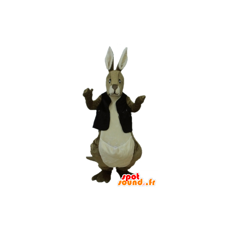 Bruine en witte kangoeroe mascotte met een zwart vest - MASFR23232 - Kangaroo mascottes