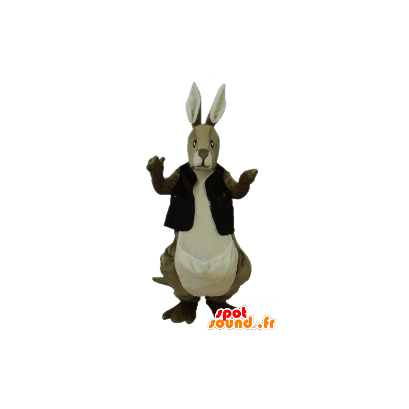 Marrón y blanco mascota de canguro con un chaleco negro - MASFR23232 - Mascotas de canguro