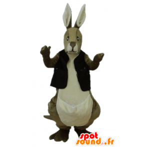 Ruskea ja valkoinen kenguru maskotti musta liivi - MASFR23232 - kenguru maskotteja