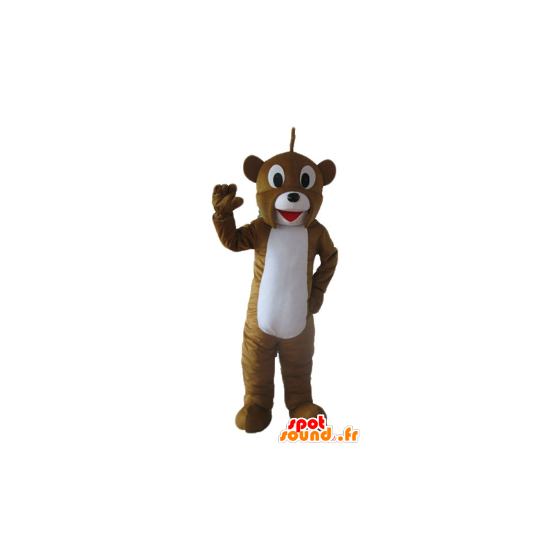Mascota del oso marrón y blanco, amable y sonriente - MASFR23240 - Oso mascota