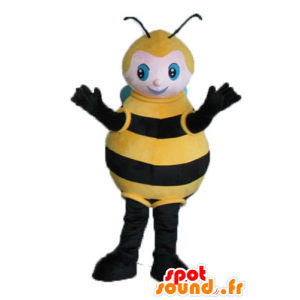 Stor svart bi maskot, gul och blå - Spotsound maskot