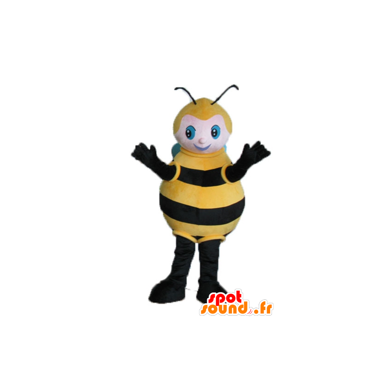 Mascotte de grosse abeille noire, jaune et bleue - MASFR23242 - Mascottes Abeille