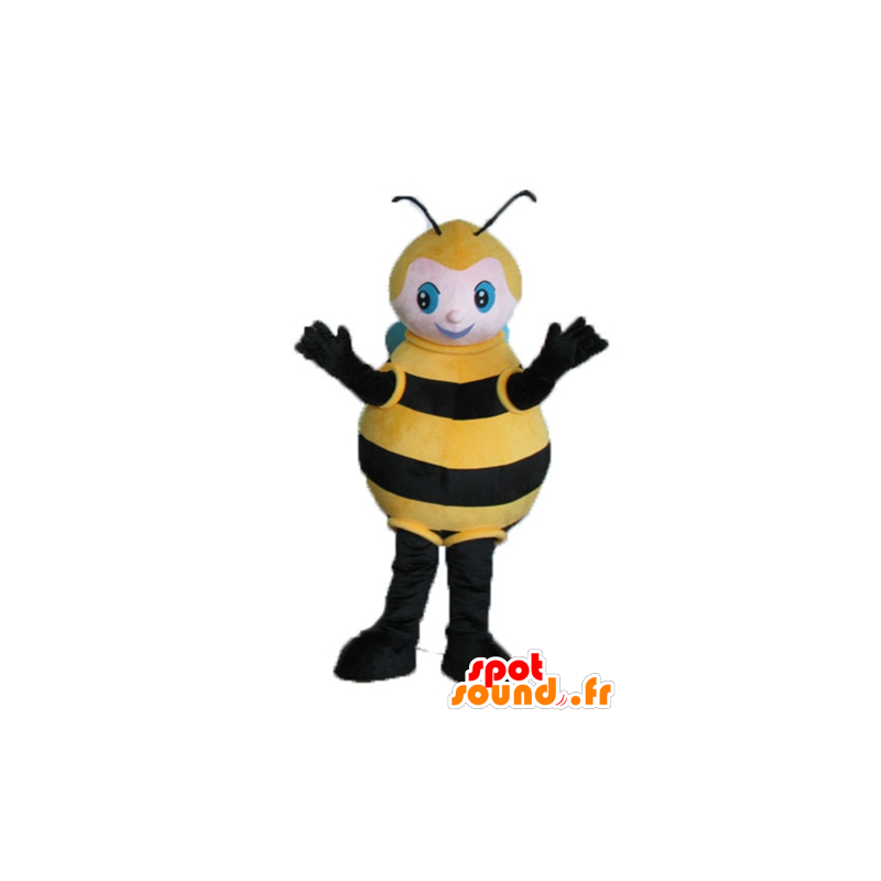 Mascotte grote zwarte bij, geel en blauw - MASFR23242 - Bee Mascot
