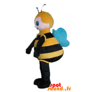 Mascotte de grosse abeille noire, jaune et bleue - MASFR23242 - Mascottes Abeille