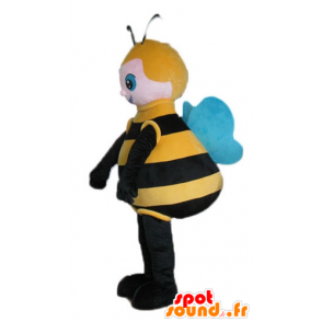 Mascotte de grosse abeille noire, jaune et bleue - MASFR23242 - Mascottes Abeille