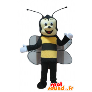 Mascotte d'abeille, de guêpe noire et jaune, souriante - MASFR23244 - Mascottes Abeille