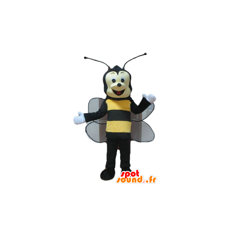 Mascot bee, musta ja keltainen ampiaisen hymyillen - MASFR23244 - Bee Mascot