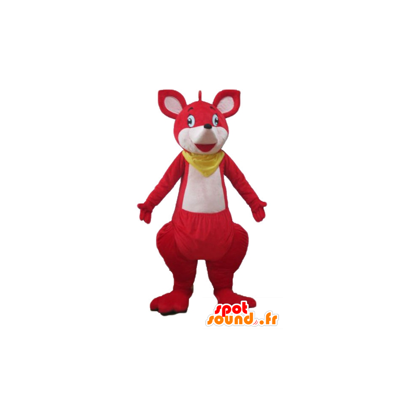 Mascotte de kangourou rouge et blanc, avec un foulard jaune - MASFR23252 - Mascottes Kangourou