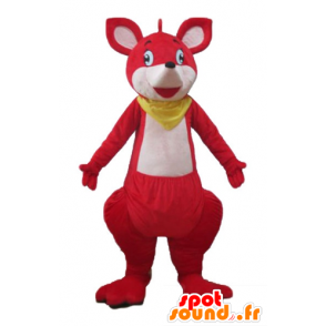 Mascotte de kangourou rouge et blanc, avec un foulard jaune - MASFR23252 - Mascottes Kangourou