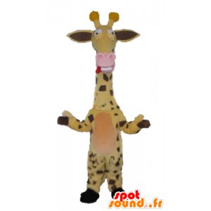 Yellow giraffe mascot, brown and pink, very funny - MASFR23255 - Giraffe mascots