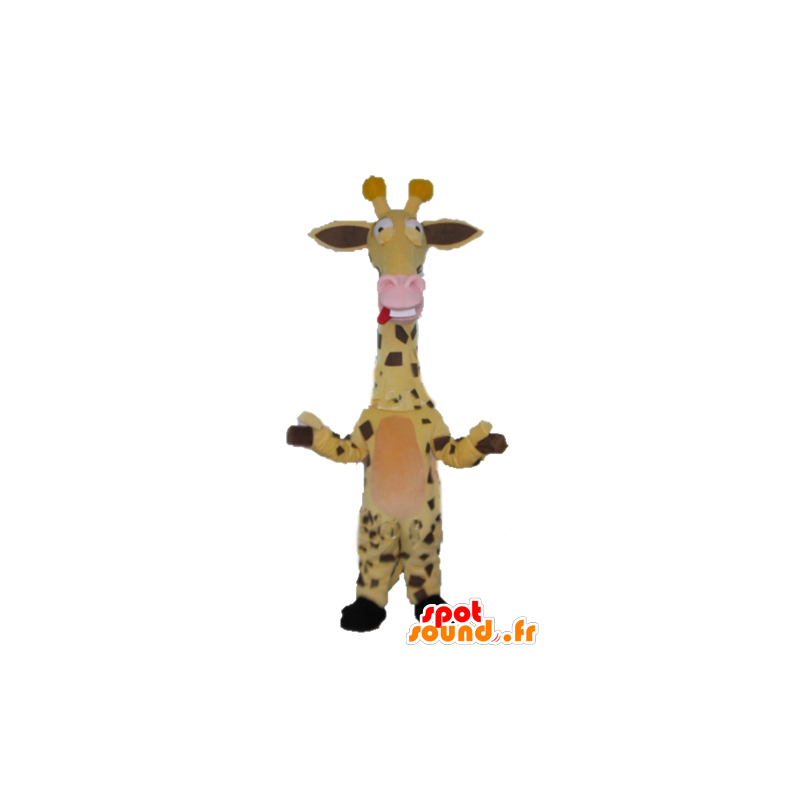 Yellow giraffe mascot, brown and pink, very funny - MASFR23255 - Giraffe mascots