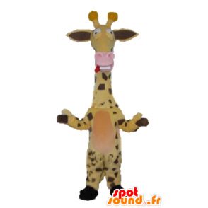 Yellow giraffe mascot, brown and pink, very funny - MASFR23255 - Giraffe mascots