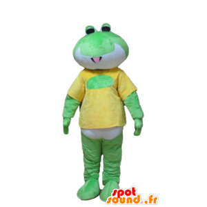 Grøn, hvid og gul frøemaskot - Spotsound maskot kostume