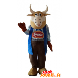 Mascote vaca, touro marrom vestido em agricultor - MASFR23273 - Mascotes vaca